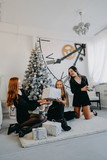Boxing day. Merry Christmas and Happy Holidays. Three beautiful girl friends, blonde, redhead and brunette in black party dress unpack gifts near Christmas tree indoors