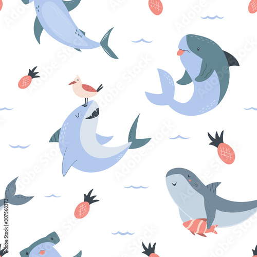 Summer seamless pattern with hand drawn sharks