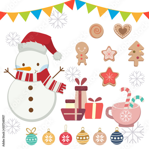 The collection of cute christmas element set. The cute snowman with winter hat and scarf and cookie christmas and gift box christmas ball set on white backgrond with snowflake.