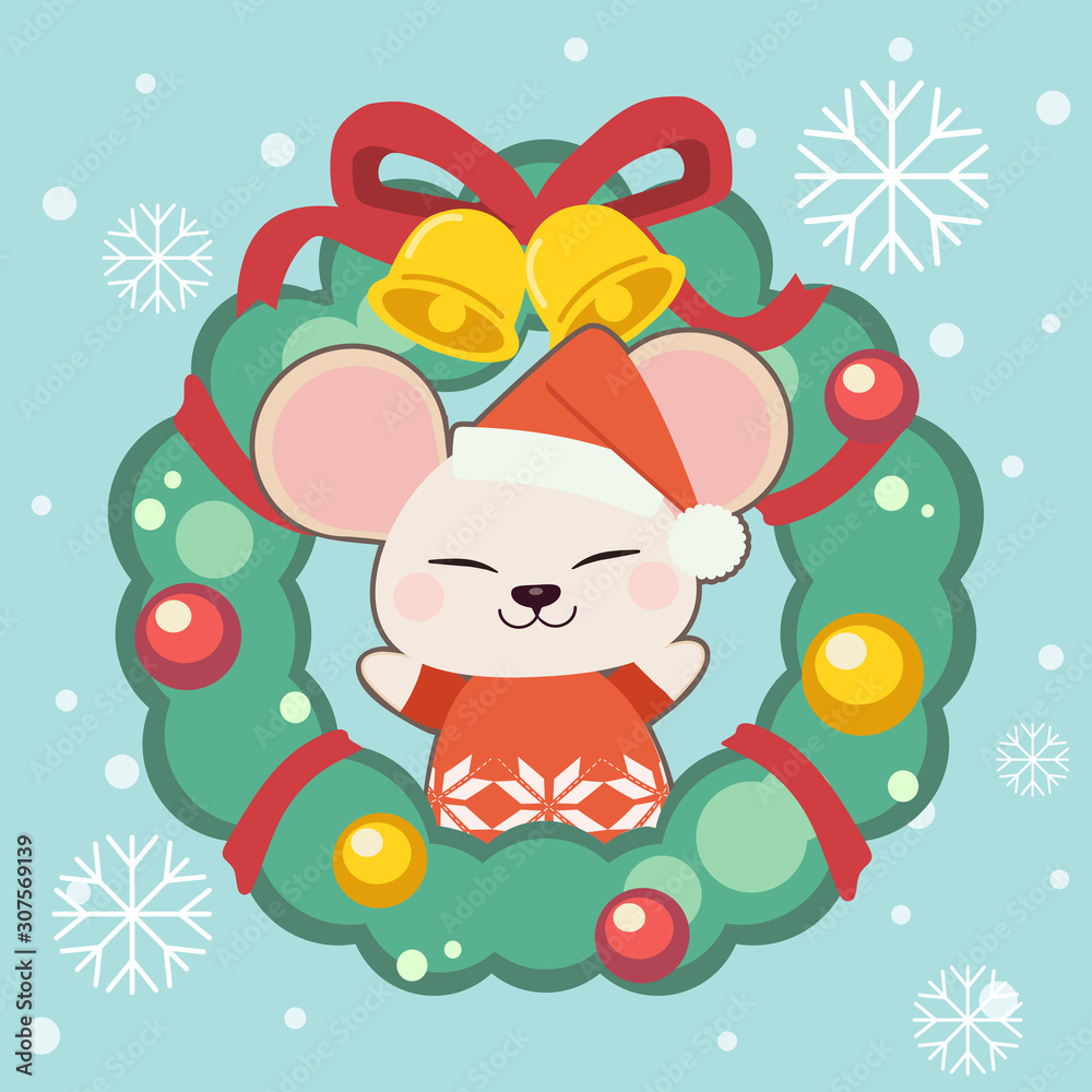 The character of cute mouse with a christmas wreath. The christmas wreath have a bell and ribbon and ball ans bow. The character of cute mouse in flat vector style. The character of cute mouse with a christmas wreath. The christmas wreath have a bell and ribbon and ball ans bow. The character of cute mouse in flat vector style.