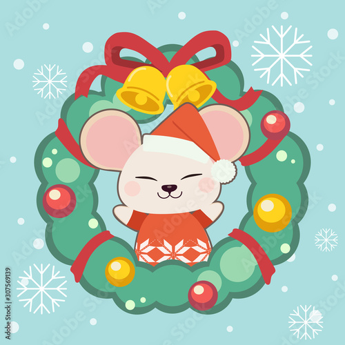 The character of cute mouse with a christmas wreath. The christmas wreath have a bell and ribbon and ball ans bow. The character of cute mouse in flat vector style.