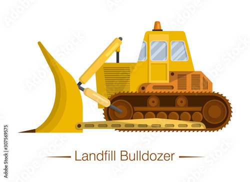 Yellow modern landfill bulldozer for garbage. Special equipment for landfills. Waste sorting, transportation,  recycling