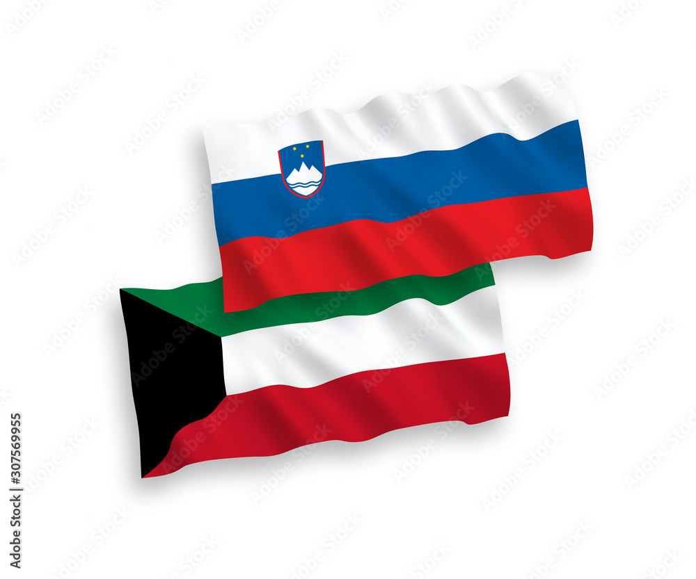 Fototapeta premium National vector fabric wave flags of Slovenia and Kuwait isolated on white background. 1 to 2 proportion.