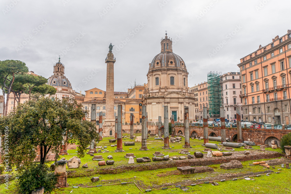 Forum in the center of ancient Rome, along with the surrounding buildings.
