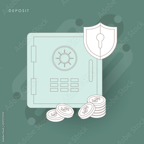 Safe badge in flat style, money locker with combination lock.