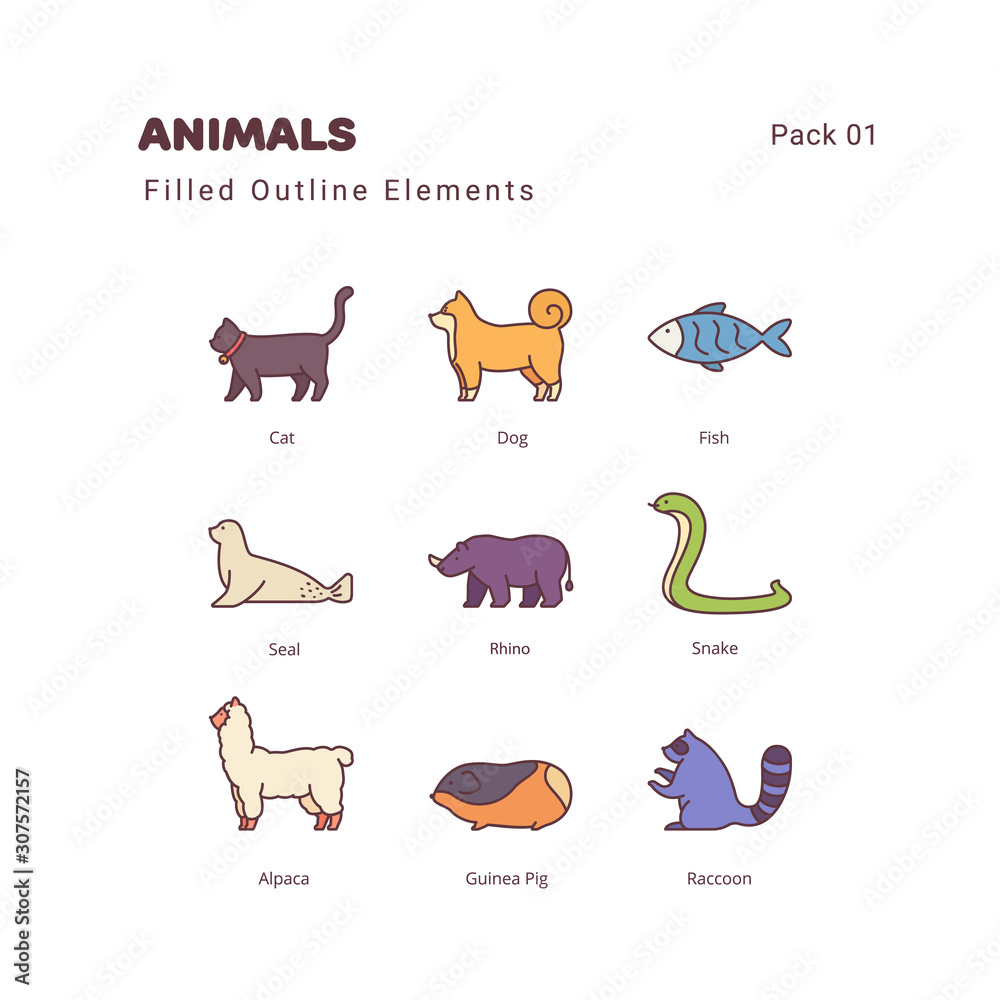 Fototapeta premium Animals color linear illustration elements icons