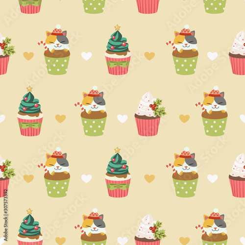 The seamless of cupcake and cute cat and heart pattern set. The character of cute cat with the cup cake. The christmas tree cup cake cream. The character of cute cat in flat vector style.