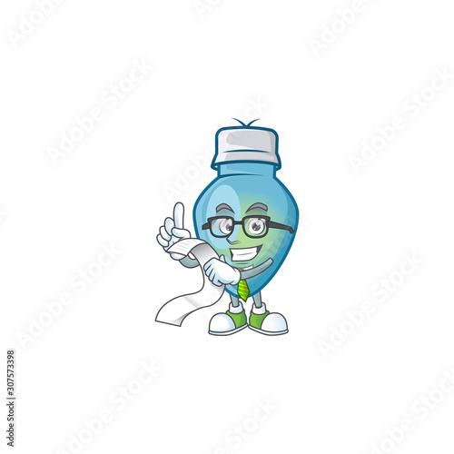 Cute blue christmas bulb cartoon character with menu ready to serve