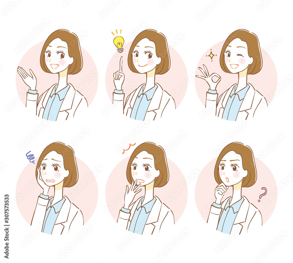 Illustration set of woman in white coat Illustration set of woman in white coat
