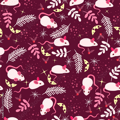 Seamless pattern with white mice. Vector graphics.