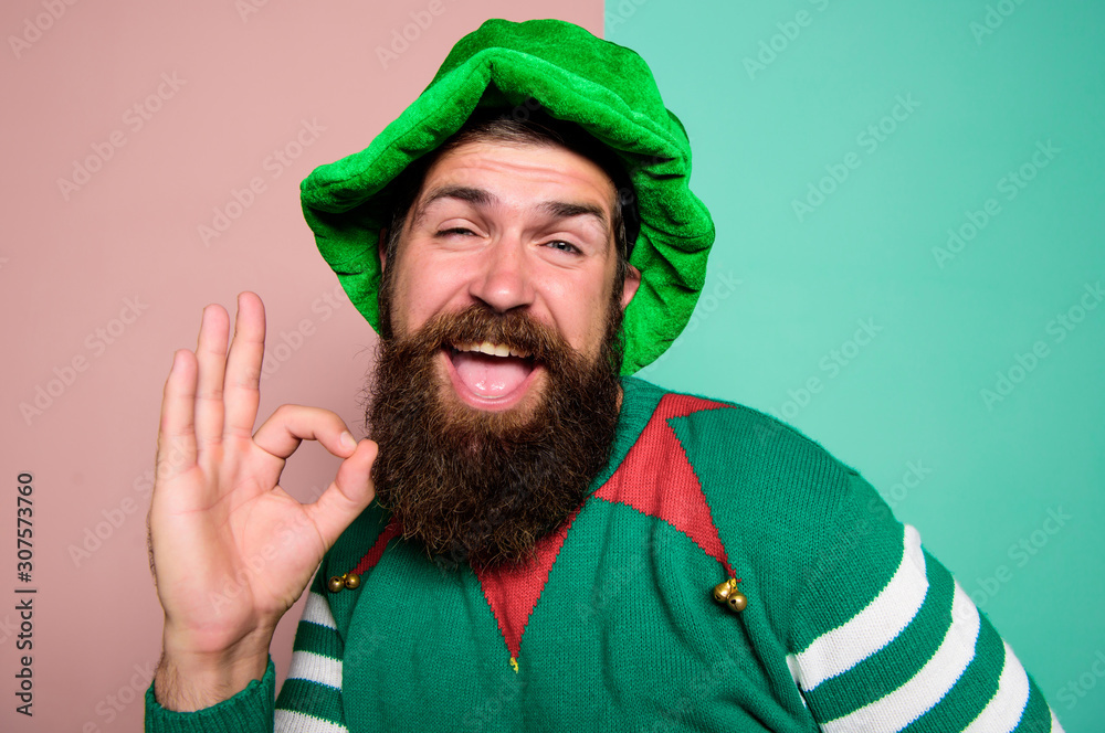 feeling ok. happy celebration. cheerful man with beard have fun. ireland beer tradition. Winter carnival. irish pub party. st patricks day. happy bearded hipster in green hat. christmas elf feeling ok. happy celebration. cheerful man with beard have fun. ireland beer tradition. Winter carnival. irish pub party. st patricks day. happy bearded hipster in green hat. christmas elf