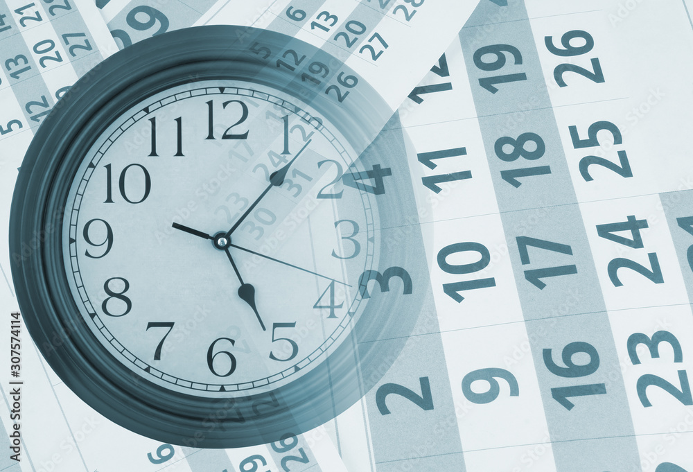 Round clock and calendar pages, time passing and planning concept Round clock and calendar pages, time passing and planning concept