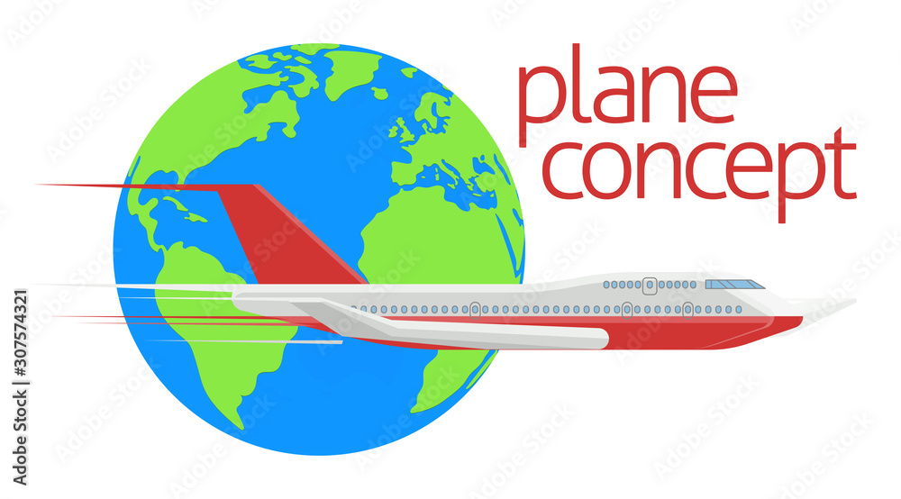 Airplane jet in front of a world planet earth globe air travel concept icon illustration in a flat modern style Airplane jet in front of a world planet earth globe air travel concept icon illustration in a flat modern style