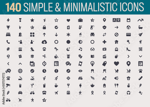 140 Simple, minimalistic isolated icon set, vector flat icons
