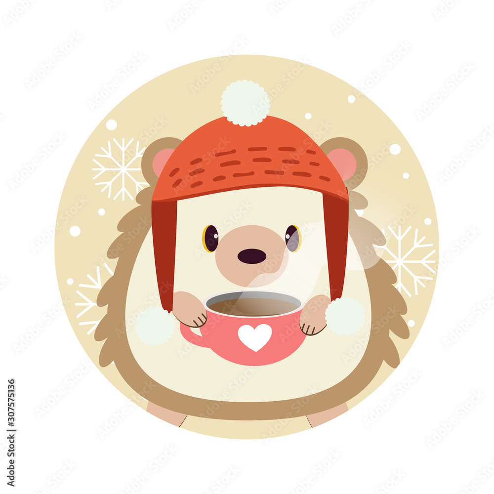The character of cute hedgehog standing in the yellow circle with snowflake. The cute hedgehog wear a winter hat and and holding a coffee cup. The character of cute mouse in flat vector style. The character of cute hedgehog standing in the yellow circle with snowflake. The cute hedgehog wear a winter hat and and holding a coffee cup. The character of cute mouse in flat vector style.