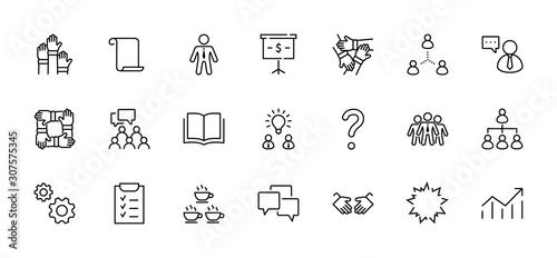 Set of Team Work Related Vector Line Icons. Contains such Icons as Handshake, Check, Idea, Coffee, Gears, Cooperation, Collaboration, Team Meeting and more. Editable Stroke. 32x32 Pixel Perfect