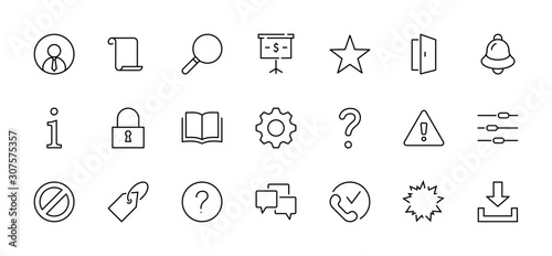Set of Interface Related Vector Line Icons. Contains such Icons as User, Search, Info, Star, Bell, Door, Settings, Lock, Alert, Gear and more. Editable Stroke. 32x32 Pixel Perfect