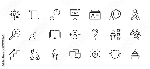 Set of Head Hunting Related Vector Line Icons. Contains such Icons as Career growth, Bulb, Candidate, Search, CV, Card Index, Outsource and more. Editable Stroke. 32x32 Pixel Perfect