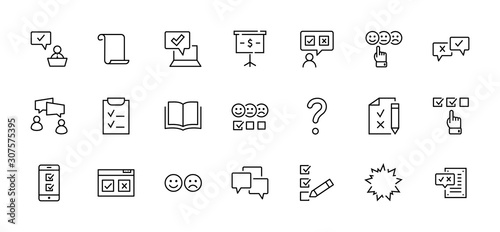 Set of Survey Related Vector Line Icons. Contains such Icons as Smile, Sad, Review, Click, Check, Customer Opinion, Web Survey and more. Editable Stroke. 32x32 Pixel Perfect