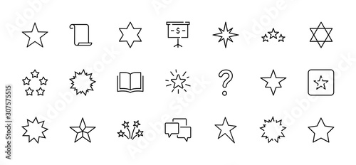 Set of Stars Vector Line Icons. Contains such Icons as Starry night, falling star, firework, twinkle, glow, glitter burst and more. Outline signs for glossy material. Editable Stroke. 32x32 Pixels.