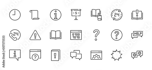 Set of Help And Support Vector Line Icons. Contains such Icons as Handbook, Book, Online Help, Tech Support and more. Editable Stroke. 32x32 Pixels