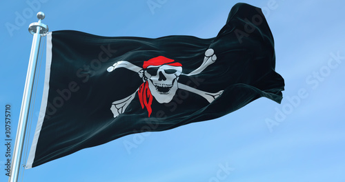 3D Rendering Pirate Flag national Flag textile cloth fabric waving on the top -Illustration