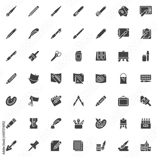 Drawing tools vector icons set, Art supplies modern solid symbol collection, filled style pictogram pack. Signs, logo illustration. Set includes icons as paintbrush, paint jar, color palette, easel
