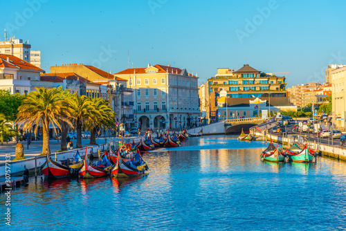 Moliceiro boats mooring alongside the central channel at Aveiro, Portugal photo
