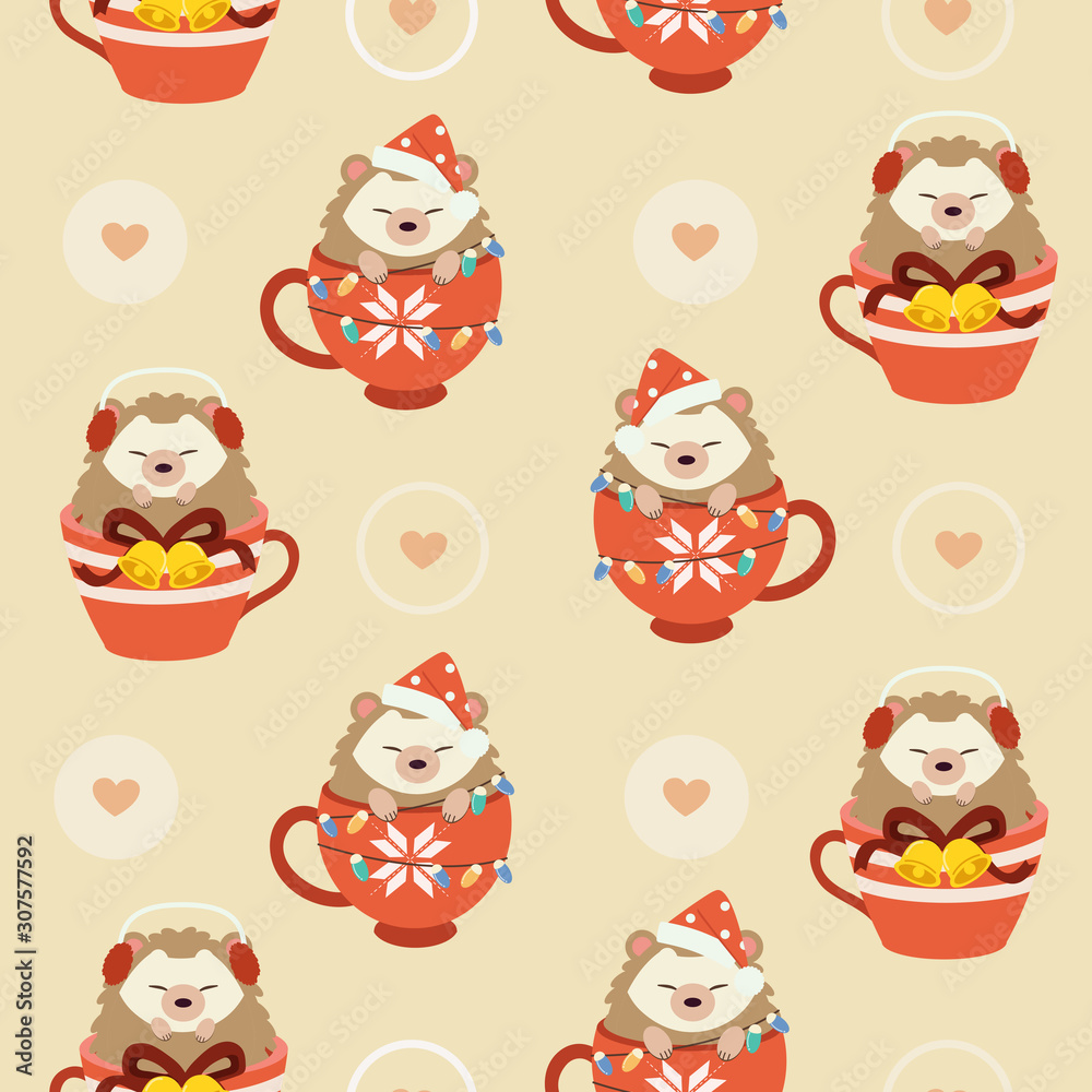 The seamless pattern of cute hedgehog in the cup with christmas theme set. The character of cute hedgehog sitting in the cup with winter hat and earmuffs. The character of cute hedgehog in flat vector The seamless pattern of cute hedgehog in the cup with christmas theme set. The character of cute hedgehog sitting in the cup with winter hat and earmuffs. The character of cute hedgehog in flat vector