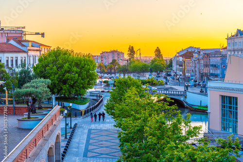 Moliceiro boats mooring alongside the central channel at Aveiro, Portugal