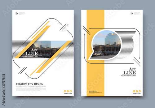 Abstract composition. White a4 brochure cover design. Info banner frame. Text font. Title sheet model set. Modern vector front page. Brand logo texture. Yellow color figures image icon. Ad flyer fiber
