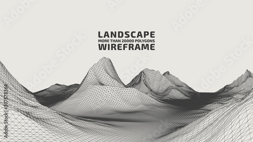 Abstract wireframe background. 3D grid technology illustration landscape. Digital Terrain Cyberspace in the Mountains with valleys. Data Array. Vector Illustration.