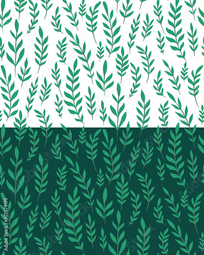 Set of seamless flat patterns with branches, leaves on white and dark background. Natural simple floral backdrop. Natural tapestry wallpaper. Vector texture for fabric, pattern and your creativity.