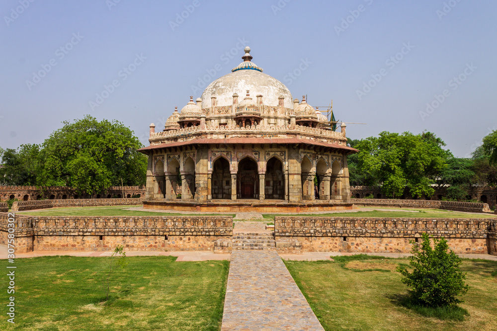 Large Panorama of Tomb of Isa Khan near Mausoleum of Humayun Complex. UNESCO World Heritage in Delhi, India. Asia.