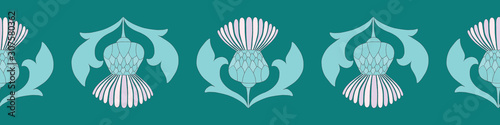 Scottish Highland thistle seamless border vector design in purple and green.