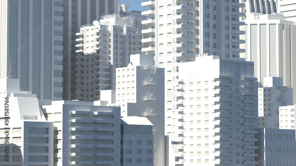 3d render of realistic city buildings in bright light with shadows. Detailed models. 3d render of realistic city buildings in bright light with shadows. Detailed models.