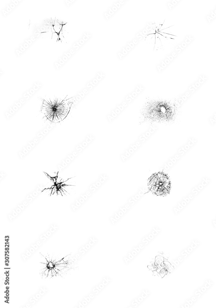 Set of illustrations of broken glass on white background. Cracks from hitting the window. Set of illustrations of broken glass on white background. Cracks from hitting the window.