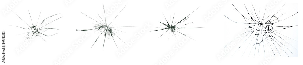 Set of illustrations of broken glass on white background. Cracks from hitting the window. - obrazy, fototapety, plakaty 
