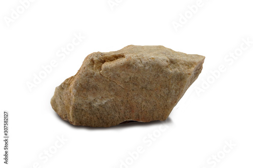 Quartzite rock isolated on white background. Quartzite is a hard, non-foliated metamorphic rock which was originally pure quartz sandstone. There is noise and grain caused by the texture of the stone.