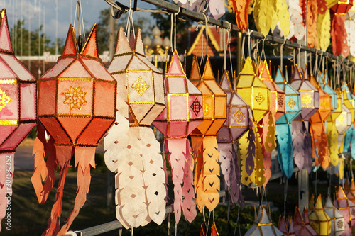 Colorful of Lanna Lamp of Northern Thailand or Paper art lamp Thai style decorate in day time.