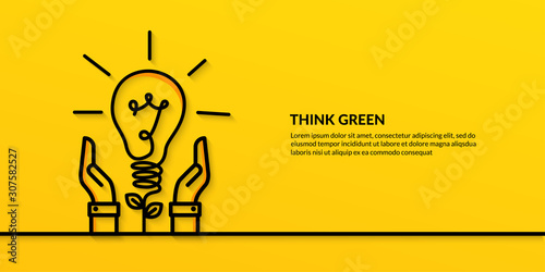 Save the world concept with hand hold light bulb, flat nature ecology on yellow background