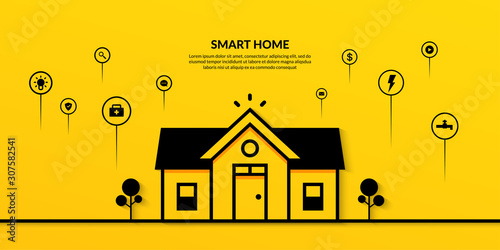 Smart home technology with multiple outline icon on yellow background