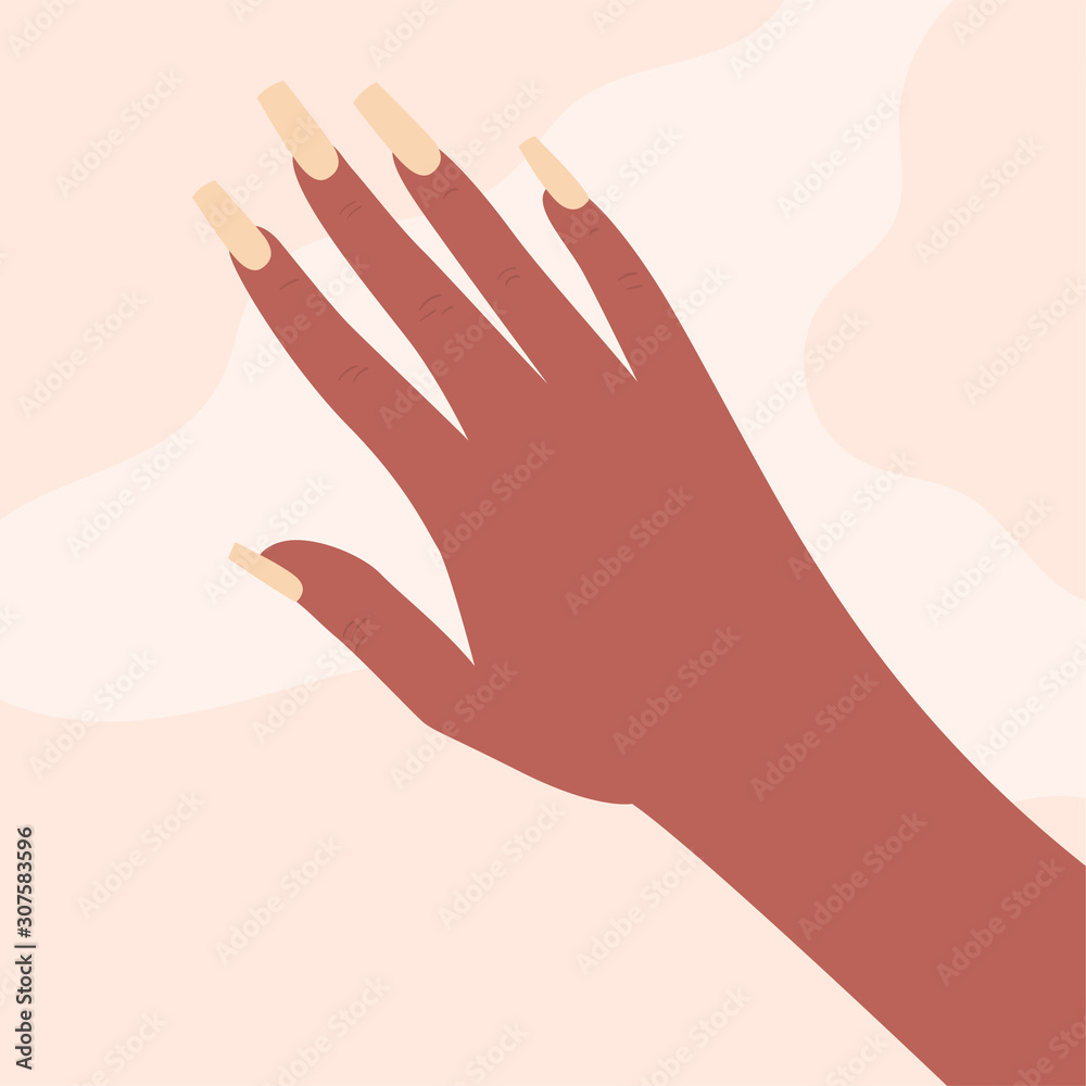 Fototapeta Woman demonstrating nail design. Top view of hand with long square nails with nude polish. Beauty salon. Colorful flat vector illustration in cartoon style.
