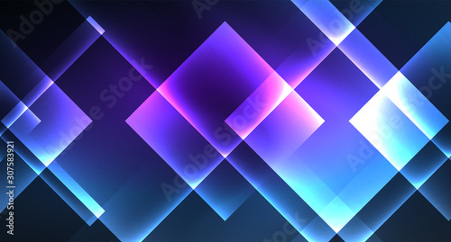 Neon glowing techno square rectangle lines, blue hi-tech futuristic abstract background