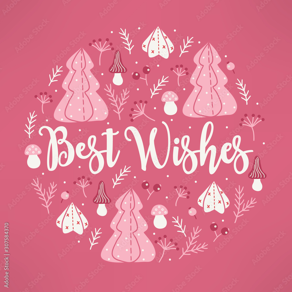 Christmas greeting card with fir trees, berries, spruce branches, mushrooms Christmas greeting card with fir trees, berries, spruce branches, mushrooms