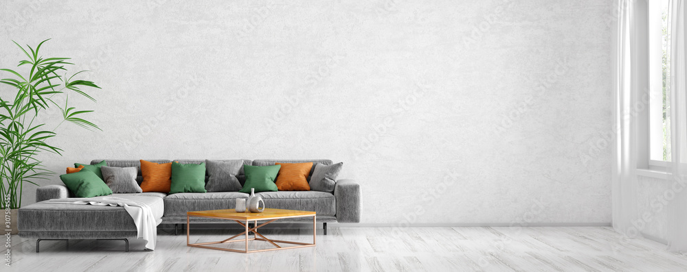 Interior design of modern living room with grey sofa and coffee table ...