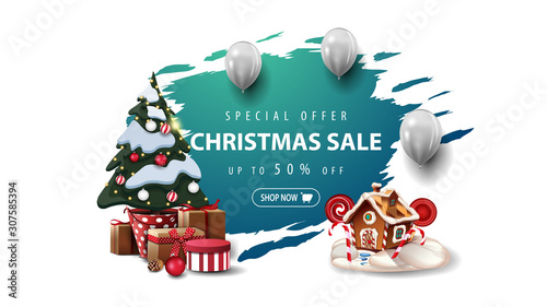 Special offer, Christmas sale, up to 50% off, banner with white balloons, Christmas tree in a pot with gifts and Christmas gingerbread house. Blue torn banner isolated on white background.