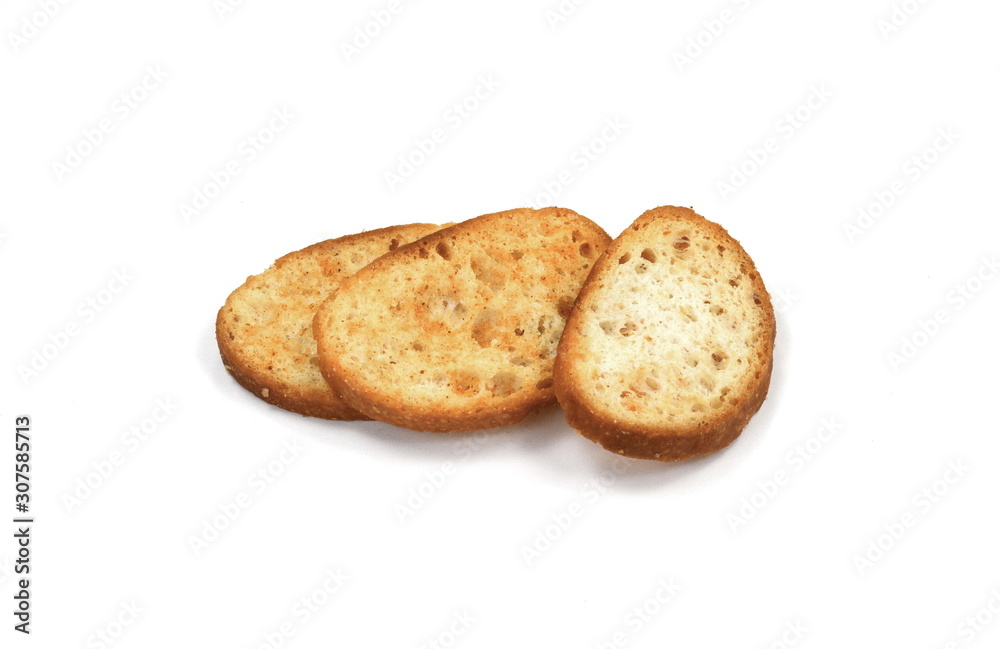 Sliced bruschetta on white background. Crusty bread bruschetta.