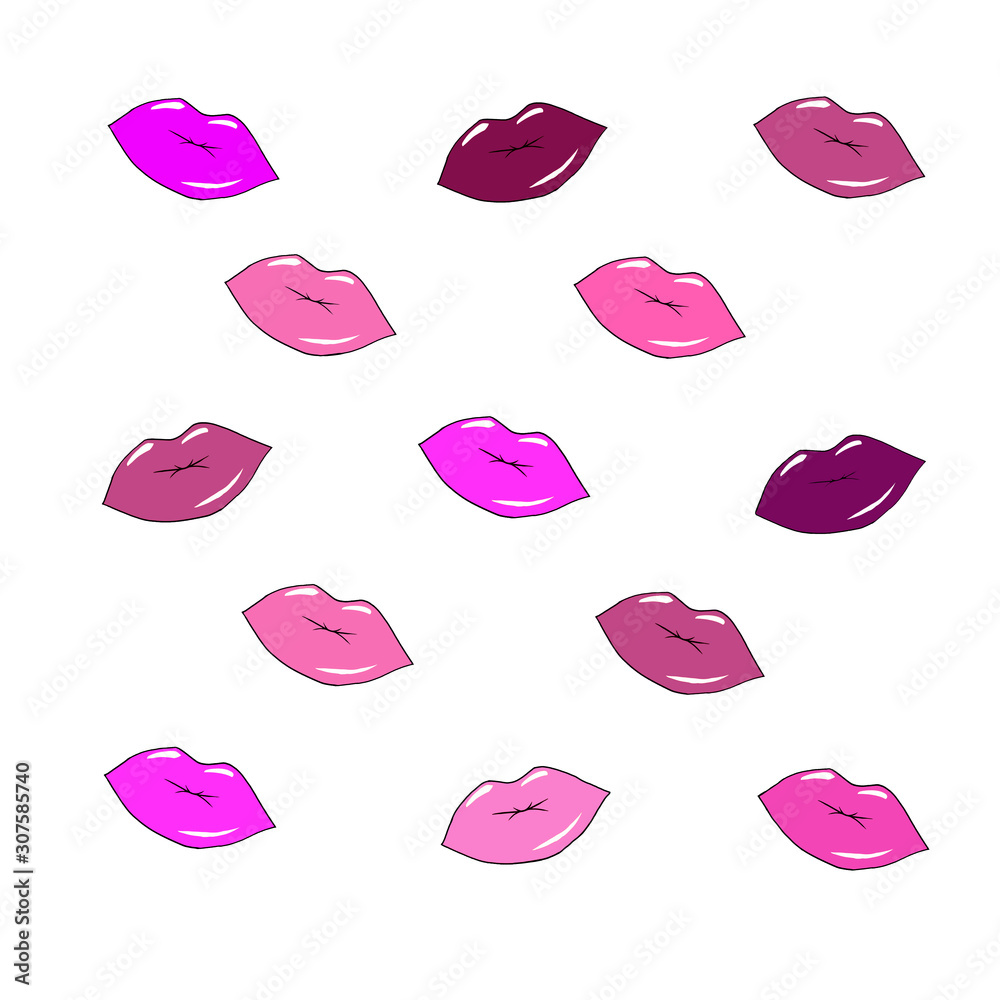 Colourful lips isolated on white backgrounds. Art. Pop art composition of female lips stained with lipstick purple burgundy and pink.