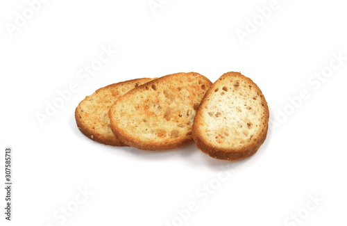 Sliced bruschetta on white background. Crusty bread bruschetta.